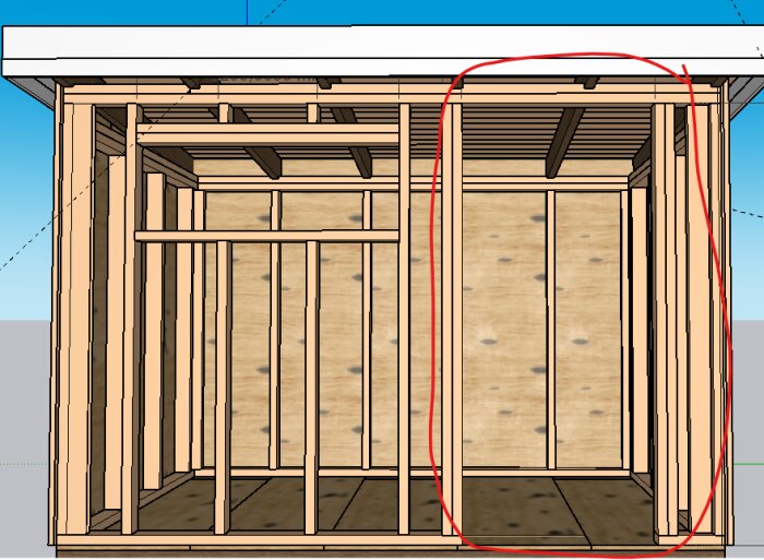 Byggkonstruktion av isolerad bod med träreglar, fokus på området markerat med röd cirkel där ytterdörr planeras.