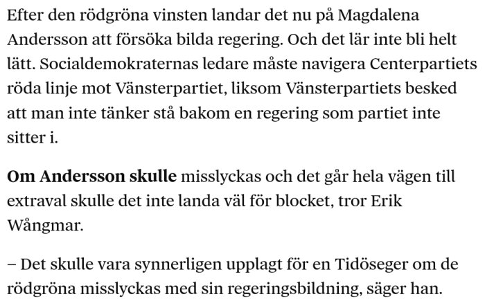 Tidningsartikel om den rödgröna vinstens betydelse för regeringsbildning och potentiella utmaningar för Magdalena Andersson, enligt statsvetare.