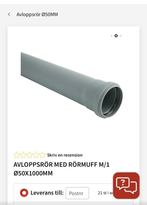 Grått avloppsrör med rörmuff, diameter 50 mm.