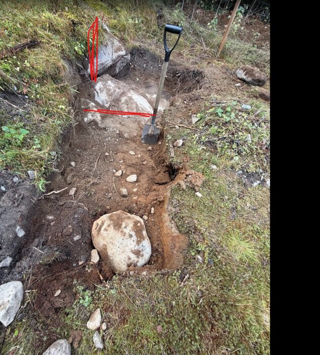 Bilden visar en grävd grop med delvis synligt berg av röd rappakivigranit och en spade. Området runtom är gräsbevuxet och kuperat.