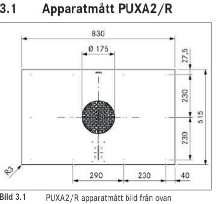 Ritning av PUXA2/R visar mått: bredd 830 mm, djup 515 mm, med cirkulärt hål diameter 175 mm centralt placerat.