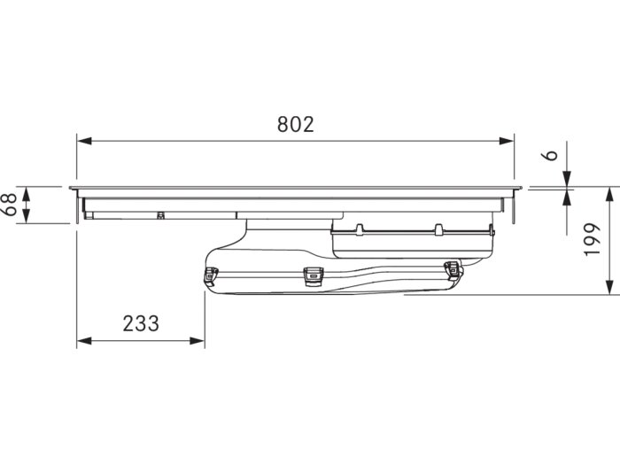 Teknisk ritning av en lampa med mått: 802 mm längd, 233 mm djup, 199 mm höjd.