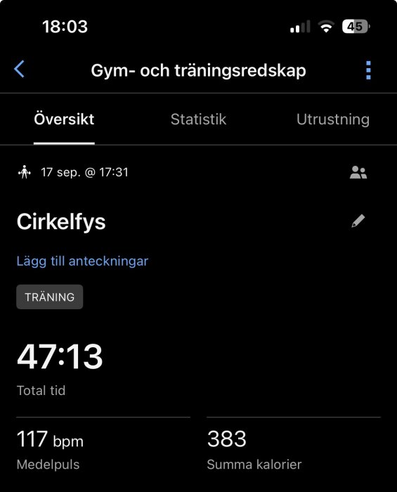 Träningspass med cirkelfys den 17 september kl 17:31, total tid 47:13, medelpuls 117 bpm, 383 kalorier förbrända.
