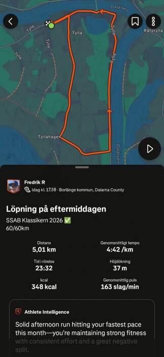 Karta över löprunda runt Tyllahagen, 5,01 km med statistik: tid 23:32, tempo 4:42/km, höjdökning 37 m, 348 kcal förbrända, medel puls 163.
