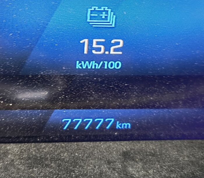 Dammig instrumentbräda visar 77777 km på bilens digitala display samt energiförbrukning på 15.2 kWh/100.