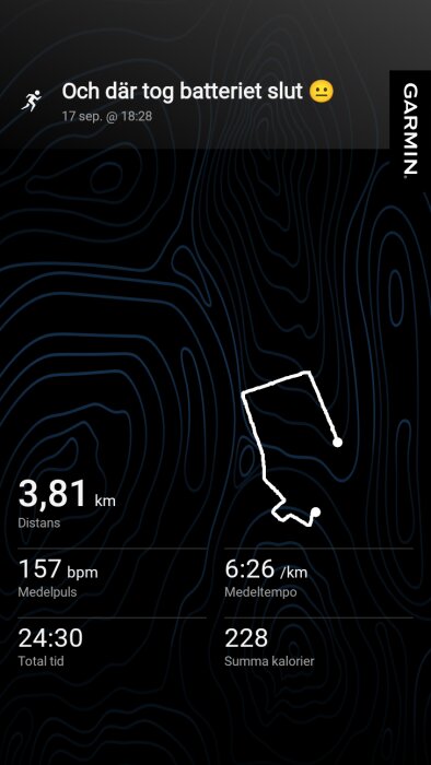Löpningsrunda registrerad med Garmin, 3,81 km distans, 157 bpm medelpuls, 6:26/km medeltempo, 24:30 total tid, och 228 brända kalorier.
