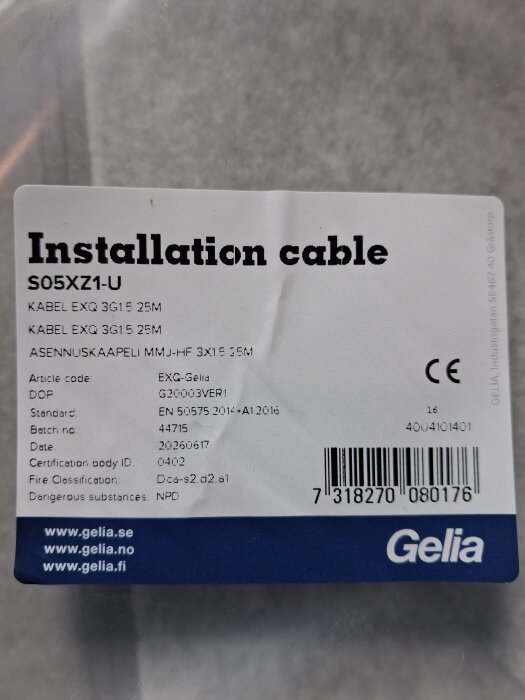 Etikett på installationskabel Gelia SO5XZ1-U, specifikationer inkluderar kabel EXQ 3G1.5 och 3G1.5 25M, certifierings- och batchnummer.