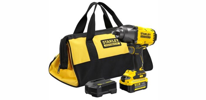 STANLEY FATMAX batteridriven mutterdragare med laddare och väska, visas i svart och gult.