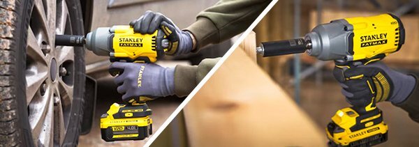 STANLEY FATMAX V20 mutterdragare används för att lossa muttrar på bilhjul; verktyget är batteridrivet med kolborstfri motor och inbyggd LED-belysning.