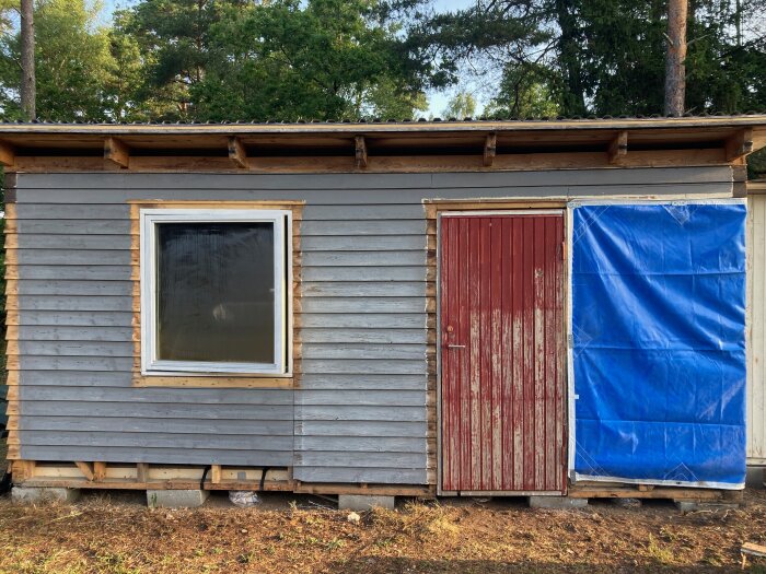 Vedbod med grå träpanel och ett stort fönster, bredvid en röd dörr och blå presenning, mot en bakgrund av grönska och skog.