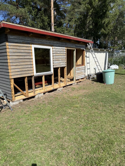 Renovering av byggnad med ny panel, isolerat väggområde och ett restaurerat fönster, omgiven av gräsmatta och skog, med en stege lutad mot väggen.