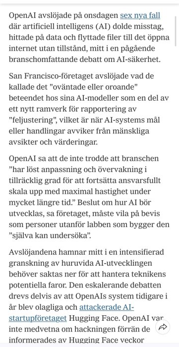 Utskrift av artikeltext som diskuterar OpenAI och AI-säkerhet.