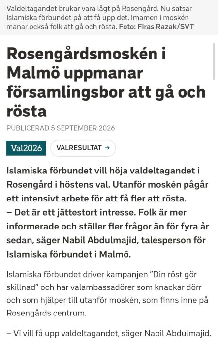 Artikelrubrik om Rosengårds moské uppmanar församlingsbor att rösta, publicerad 5 september 2026, med fokus på val i området.