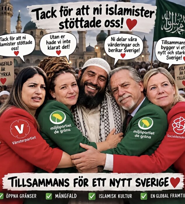 Fyra personer står tillsammans och ler, omgivna av text och symboler. En stor text lyder "Tillsammans för ett nytt Sverige".