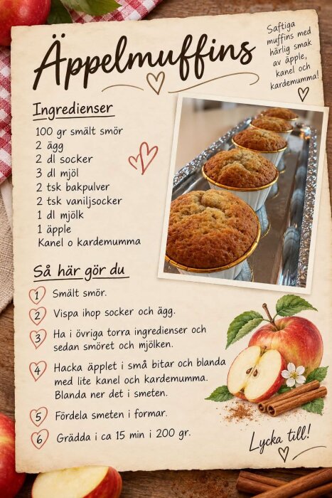 Receptkort för saftiga äppelmuffins med foto av muffins på en bricka. Ingredienser och steg för steg-instruktioner bredvid äppledekoration.