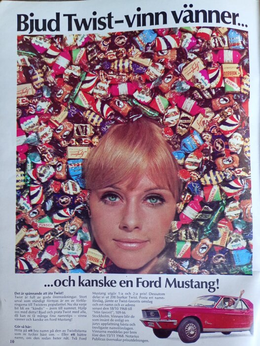 Reklamaffisch med en kvinnoansikte omgivet av Twist-godis, texten ”Bjud Twist-vinn vänner... och kanske en Ford Mustang!” samt bild på en röd bil.