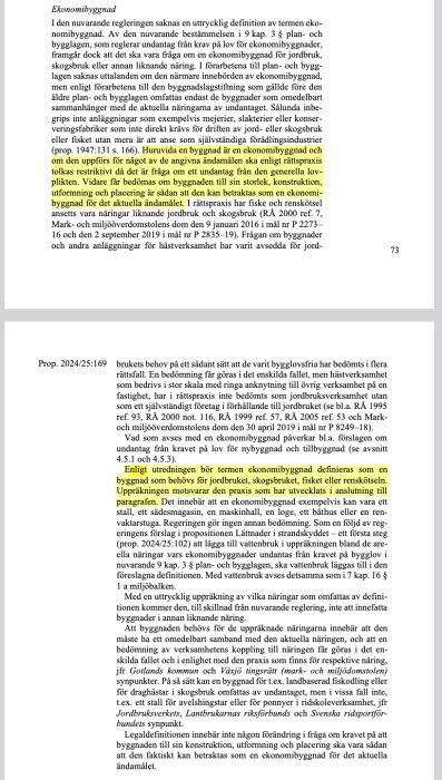 Text från proposition om legaldefinition av ekonomibyggnad, inklusive kommentar till 9 kap. 3 och 6 §§ PBL samt proposition 2024/25:102.