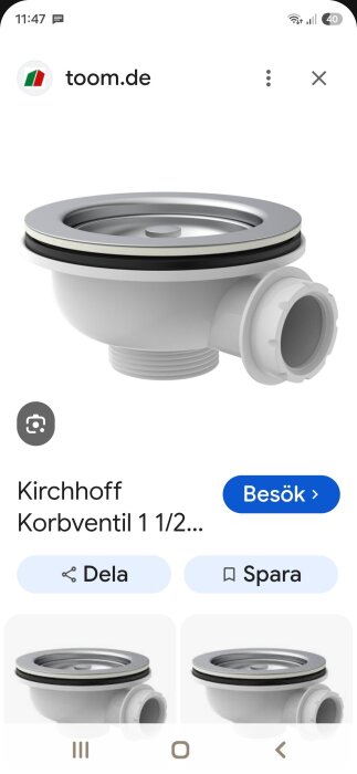 Vit och grå avloppsventil med gängad anslutning och tätning, avsedd för köks- eller badrumsinstallationer.