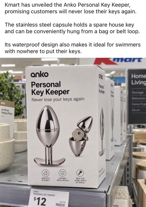 Förpackning av Anko Personal Key Keeper, en vattentät stålkapsel för nyckelförvaring, utställd i en butikshylla med priset $12.