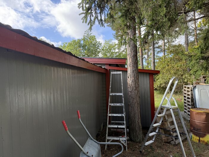 Vedbod i trä med röd kant, omgiven av stegar och diverse utrustning, stående under träd på en gård.