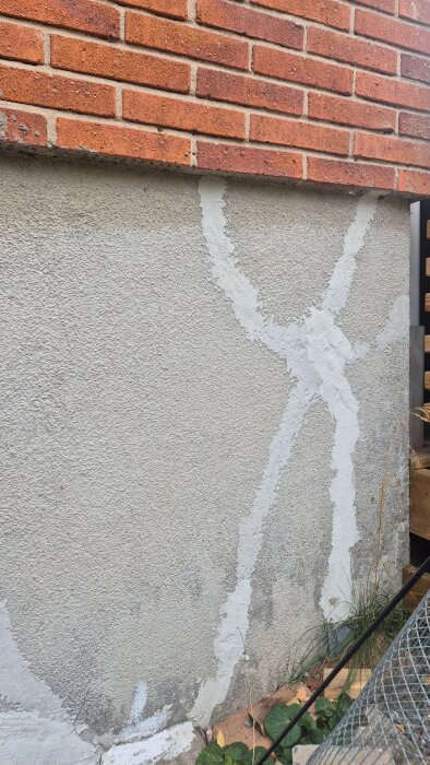 Tegelmur med putsad yta och sprickor som lagats med ljusare bruk. Grönska vid murens fot och metallnät i förgrunden.