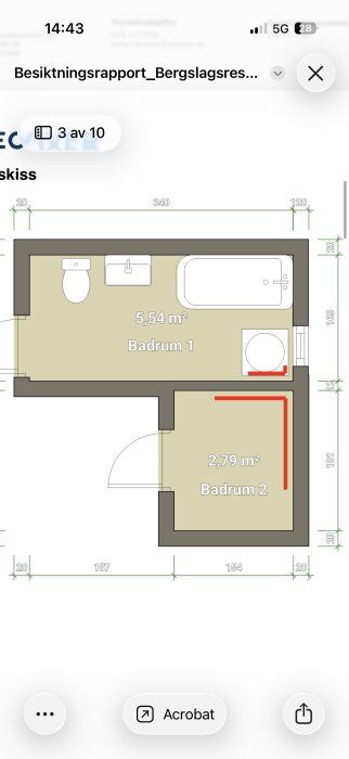 Planlösning av två badrum med mått detaljer, visar väggar och inredning med markerade områden för eventuell rivning i badrum två.