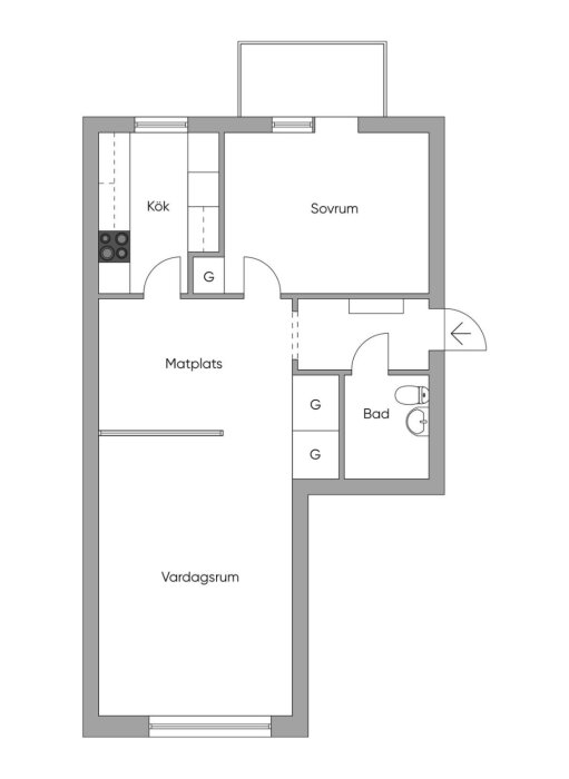 Planskiss för en lägenhet med ett kök, matplats, vardagsrum, sovrum och badrum, samtliga rum markerade med text.