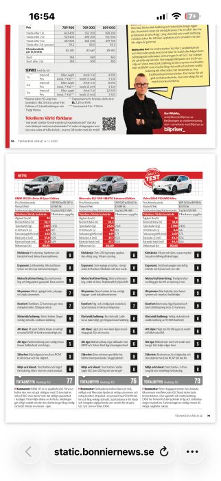En jämförelse av bilarna BMW iX3, Mercedes GLC 400 och Volvo EX60 med specifikationer och betyg i Tekniska Värld, inklusive bränsleförbrukning och komfort.