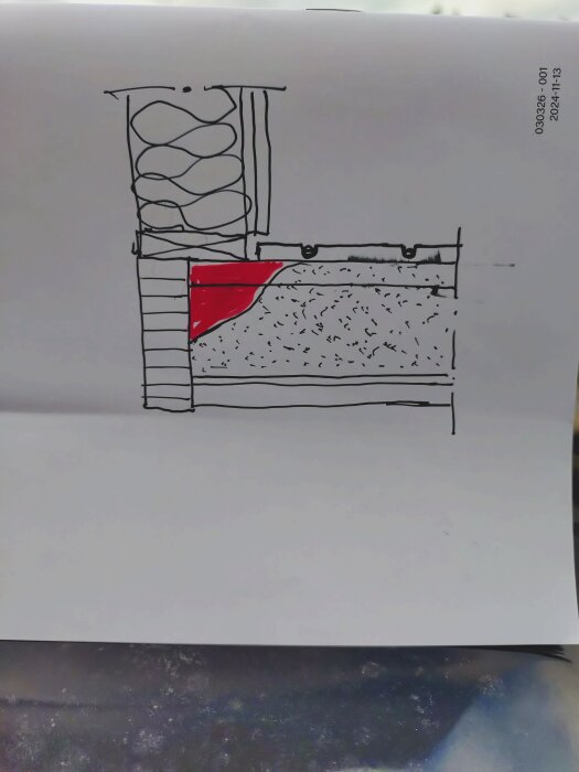 Ritning som visar genomskärning av bjälklag med isolering och golvvärmeslingor. Ett rött fält markerar bristande isolering.
