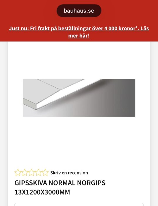 Gipsskiva av märket Norgips, 13 mm tjock och dimensionerna 1200x3000 mm, med fri frakt erbjudande.