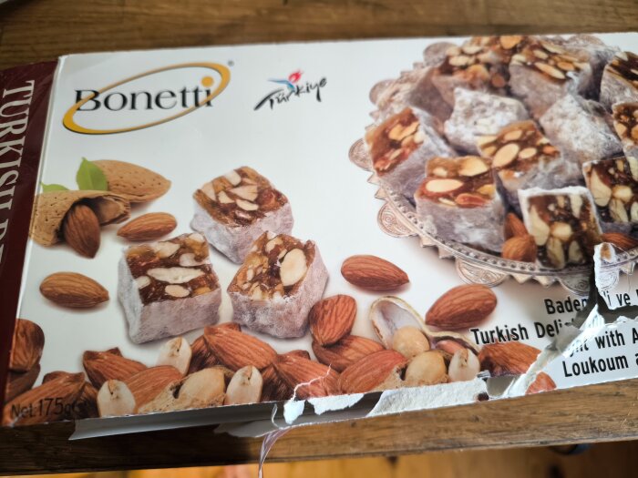 Förpackning med turkisk konfekt, Bonetti, visar kuber med nötter på ett silverfat, omgiven av mandlar och nötter, delvis riven kartong.