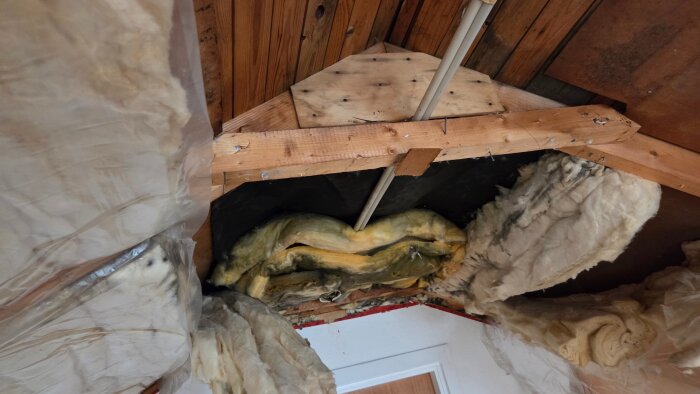 Bild av ett tak med synlig isolering och konstruktion; mögelfläckar syns på råsponten, vilket visar behovet av förbättrad ventilation.