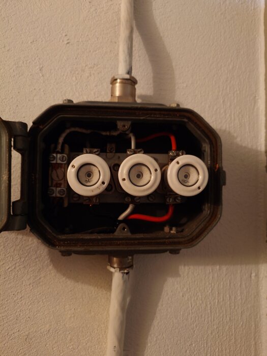 Tre huvudsäkringar på 20 ampere installerade i en elbox på en vägg, med anslutna kablar och öppet lock.