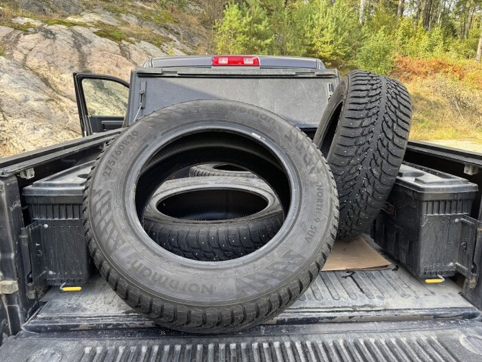 Pickuptruckens flak med tre däck, omgiven av skog och berg i bakgrunden.