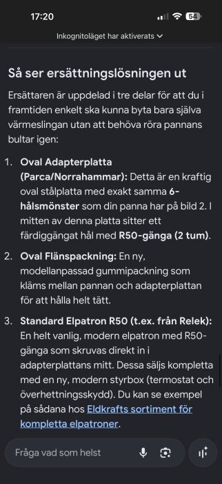 Text med ersättningslösning för panna, inkluderar oval adapterplatta, oval flänspackning och standard elpatron R50, samt länk till Eldkrafts sortiment.