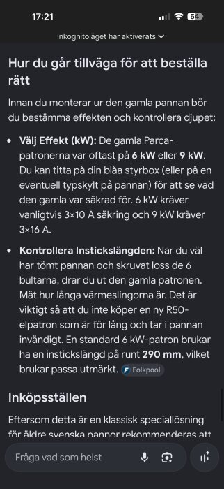 Chattmeddelande från AI om hur man beställer rätt elpatron, inklusive val av effekt och kontroll av instickslängd.