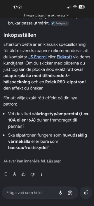 Skärmbild av chatt med AI med tips om inköpsställen för elpatroner och adapterplattor; rekommendationer för äldre pannor syns.