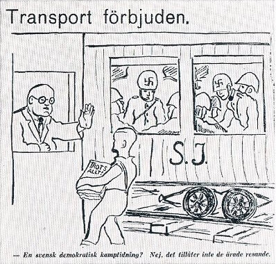 Satirisk teckning om svenska transport av tyska soldater under andra världskriget, med man som bär tidning och officer som stoppar honom.