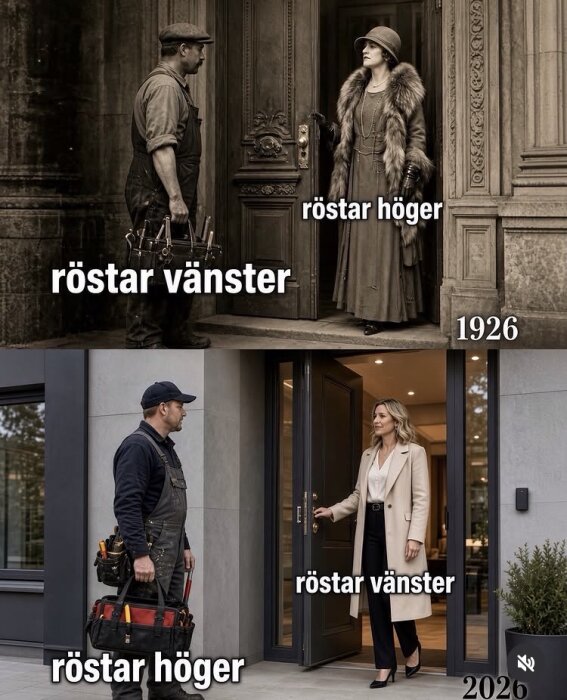 Övre bild: Man med verktyg möter kvinna i päls, text om röster 1926. Nedre bild: Man i arbete möter kvinna i kappa, text om röster 2026.