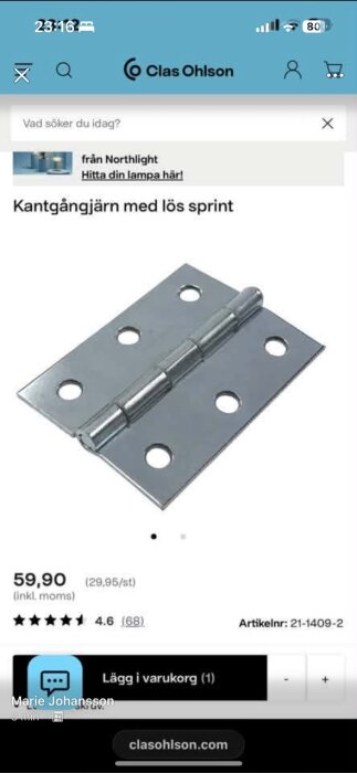 Kantgångjärn med lös sprint från Clas Ohlson, artikel med pris och betygsinformation.