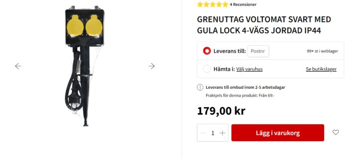 Svart grenuttag Voltomat med gula lock, 4-vägs jordad, IP44, visas på en produktsida med pris och leveransinformation.