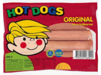 Förpackning med grillkorv märkt 'HOT DOGS Original' med illustration av en pojke med blont hår och röda kinder, 10 stycken.