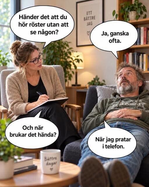 En person ligger på en soffa och talar med en terapeut som antecknar i ett block. Pratbubblor visar deras konversation.
