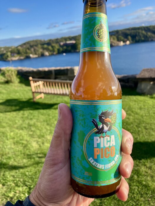 Hand håller en flaska Pica Pico Skatans Fjord IPA med bakgrund av en sjö och grönt gräs.