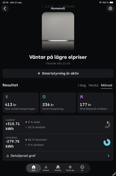 Appskärm som visar Homevolt-system, väntar på lägre elpriser. Smartstyrning aktiv, laddning och besparing i svenska kronor samt kWh visas.