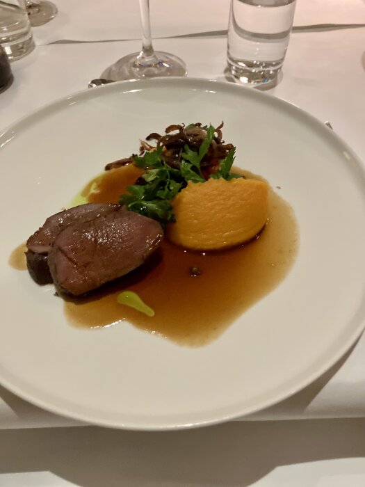 Hjortfilé med svampsås och pumpapuré på en vit tallrik, serverad med sallad.
