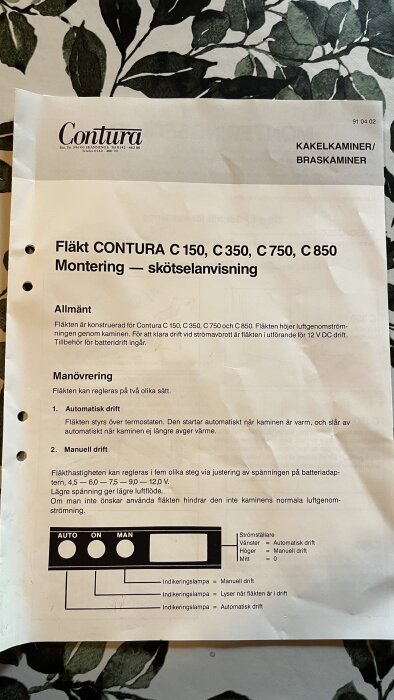 Manual för fläkt Contura C150, C350, C750, C850 med instruktioner för montering och skötsel, automatisk och manuell drift visas.