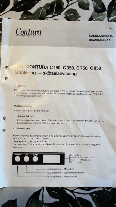 Installationsmanual för fläktmodeller Contura C150, C350, C750, C850, inklusive allmän information och instruktioner för automatisk och manuell drift.