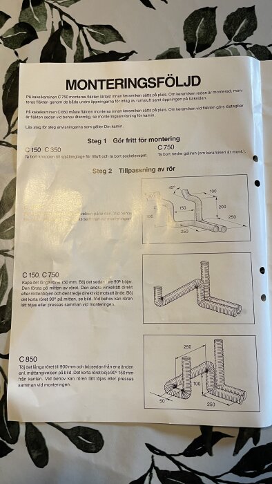 En monteringsmanual för kaminfläkt, visar instruktioner för modeller C150, C350, C750 och C850 med text och rördiagram på ett bladmönstrat underlag.