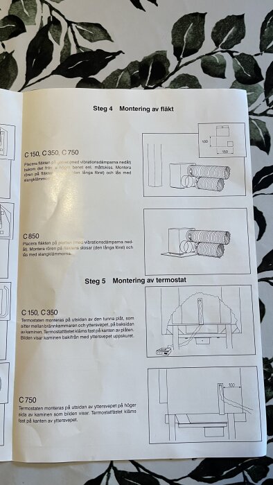 Manual för montering av kaminfläkt med instruktioner och illustrationer för modellerna C150, C350, C750 och C850, inklusive fläkt och termostat.